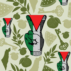 Victory Sign Hand Palestinian Resistance Symbol and keffiyeh Pattern Composing a Repeat Seamless Pattern

