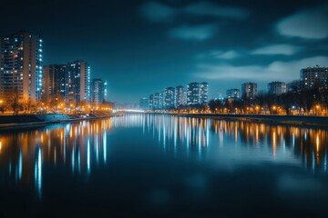 Fototapeta premium Stunning Cityscape Reflection in Calm Waters: Perfect for Urban Photography Projects and Backgrounds