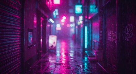 Cyberpunk Alleyway: Neon Lights Reflecting on Wet Pavement in the Rain