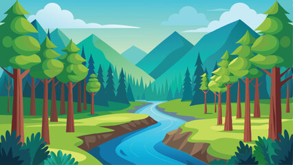 Serene Mountain Landscape Illustration with River and Lush Green Forest