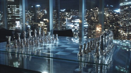 Illuminated Chess Set On Glass Tabletop In Modern Boardroom At Night