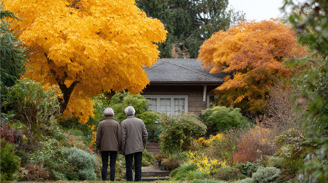 Elderly couple admiring their home on an autumn day. The vibrant foliage creates a warm and inviting scene, symbolizing peace, retirement, and the joys of home ownership.