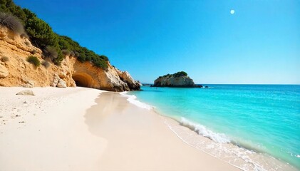 Sun-drenched beach in Mallorca, turquoise water laps gently against the shore White sand, vibrant blue sky, perfect summer holiday scene Idyllic coastal paradise awaits , warmth, turquoise, coastline