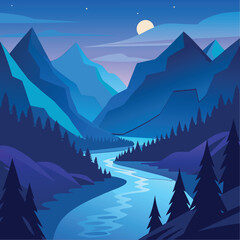 Mystical Night Mountain Landscape Illustration with Moonlight and River