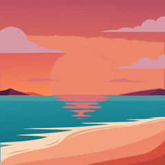 Vibrant Beach Sunset Landscape Illustration with Ocean and Islands