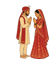 Traditional Indian Wedding Couple Namaste Pose Illustration