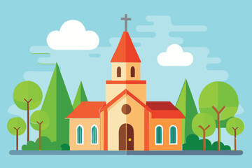 Charming Flat Design Church Illustration with Cross and Trees