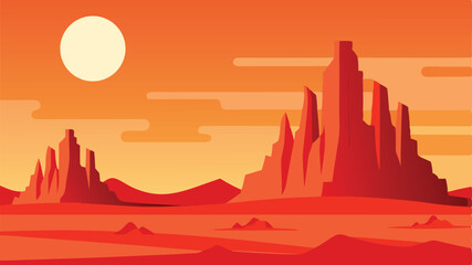 Warm Desert Landscape Illustration with Mountains and Orange Sunset Sky

