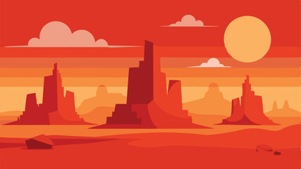 Warm Desert Landscape Illustration with Mountains and Orange Sunset Sky

