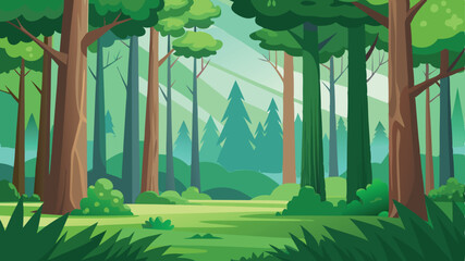 Lush Green Forest Landscape Illustration, Peaceful Natural Environment