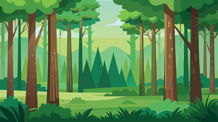 Lush Green Forest Landscape Illustration, Peaceful Natural Environment