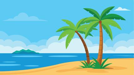 Tropical Beach Landscape Illustration with Palm Trees and Blue Ocean