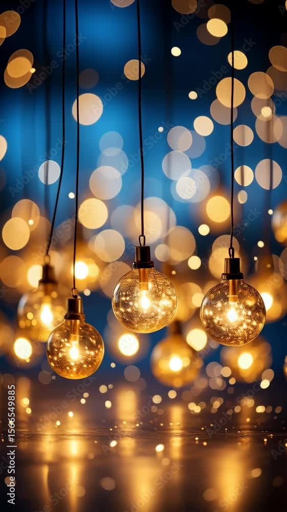 Poster decorative lightbulb display glowing against deep blue background with blurred bokeh elements and re