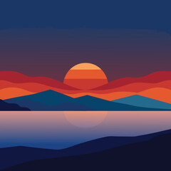 Reflective Lake Sunset Landscape Illustration with Mountains and Horizon