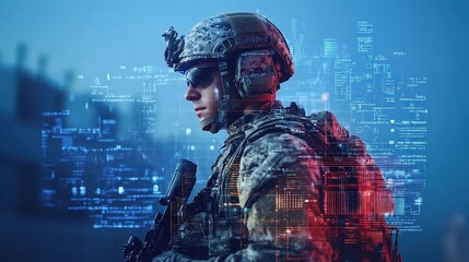 Soldier with Helmet Against Digital Technology Background