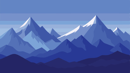 Majestic Blue Snowy Mountain Range Landscape Illustration, Winter Peaks