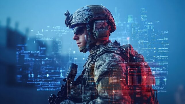 Soldier with Helmet Against Digital Technology Background