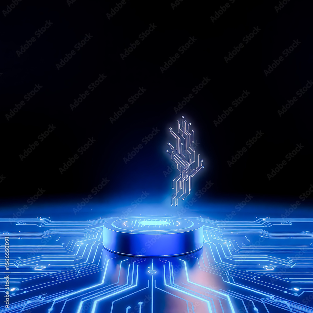 Wall mural futuristic glowing blue circuit board with a digital tree structure emerging from a platform