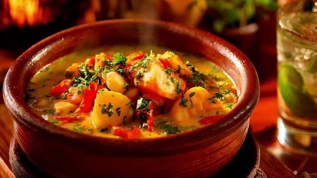 Traditional Brazilian moqueca stew, served in a clay pot with a caipirinha cocktail. Dolly in. 4K.
