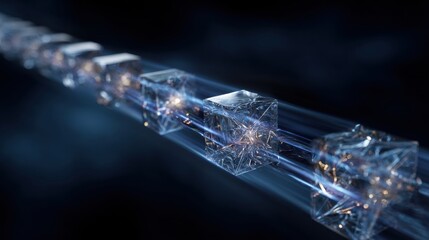 Magnificent Floating Chain Of Interlocking Transparent Cubes Emitting Soft Glowing Light