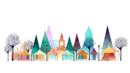 Obraz premium Watercolor Drawing of an outdoor Christmas market. Plain white background