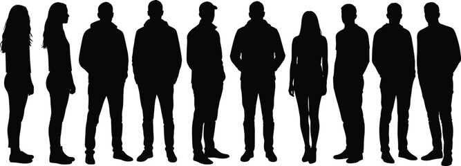 Collection of diverse standing adult people silhouettes, including both men and women, isolated on a stark white background, representing a generic crowd or group.