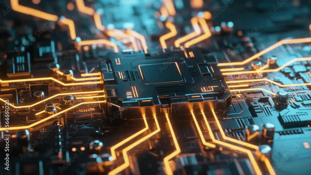 Poster shiny black 3d chip integrates seamlessly into glowing gold circuits, creating a powerful and modern