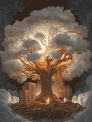 Majestic Ancient Tree With Stylized Canopy Illuminated By Soft Glow