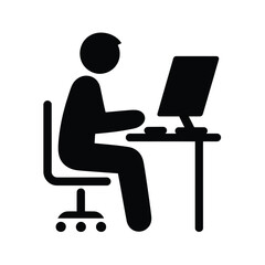 A minimalist black and white icon illustration of a person sitting at a desk working on a computer