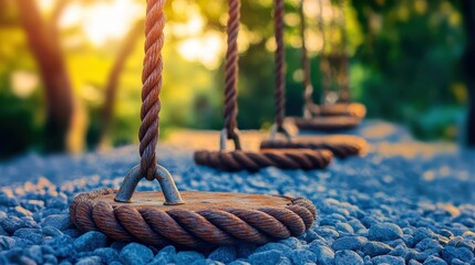 Rustic swings made with ropes hanging over gravel path at sunset