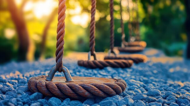 Rustic swings made with ropes hanging over gravel path at sunset