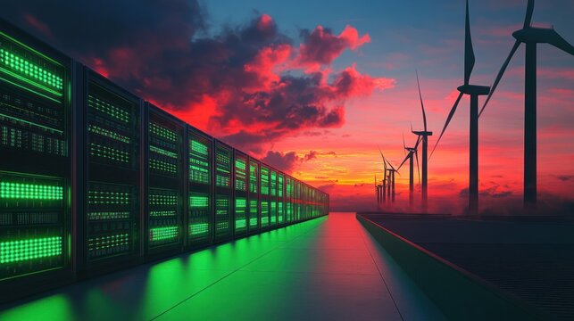 Futuristic server farm at sunset with wind turbines.  Pathway leads to rows of glowing green server - Powered by Adobe