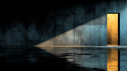 A dramatic ray of golden light pierces through a dark, textured concrete room, illuminating a mysterious open doorway.