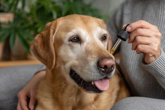 A golden Labrador receives liquid from a dropper person in gray sweater