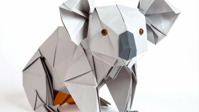 Detailed origami koala bear model, crafted with folded paper, showcasing geometric patterns on a white backdrop, artful paper animal