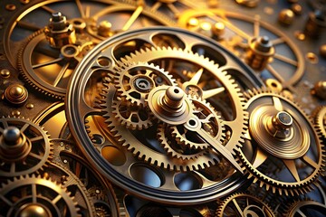 Obraz premium Intricate Golden Gears and Cogs Clockwork Mechanism Close Up