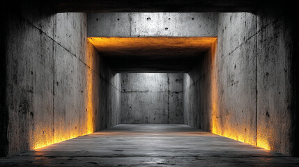 Obraz premium A stark concrete tunnel illuminated by a mysterious orange glow creates a captivating and industrial perspective.