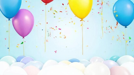 Colorful happy birthday greeting appearing with balloons and confetti on light background