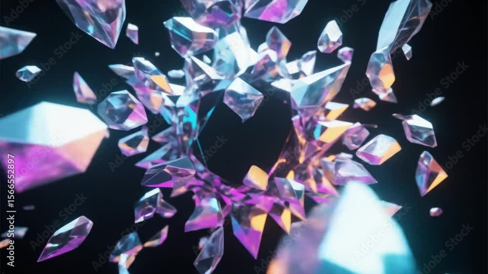 Poster glittering 3d diamond star explodes with crystal spikes and reflections in slow motion, suitable for