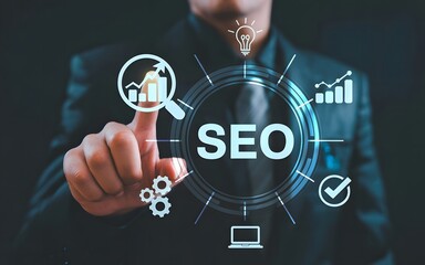 Man Touching SEO Icon on Digital Screen for Search Optimization