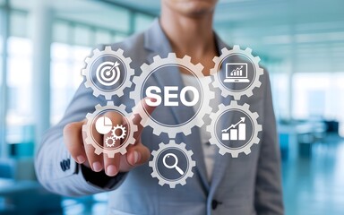 Business Person Touching SEO Gears on Screen for Optimization