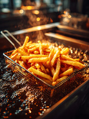 Golden french fries frying in a deep fryer with bubbling oil inside