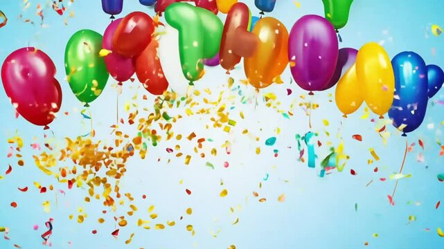 Colorful happy birthday text background displayed with balloons and confetti exploding 