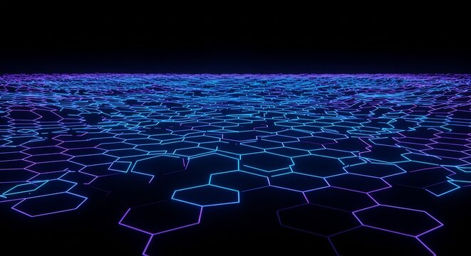 Cyberpunk Hex Grid: Glowing Blue and Purple Network Landscape