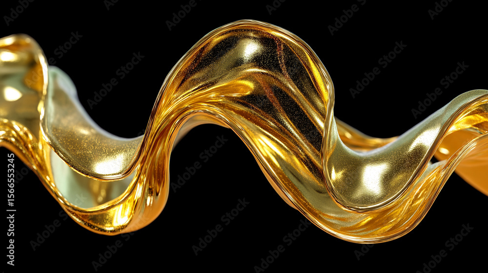 Poster mesmerizing golden liquid with fine glitter forms a beautiful, flowing abstract shape on a stark bla