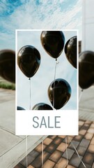 Shiny black balloons floating against a bright sky with clouds image