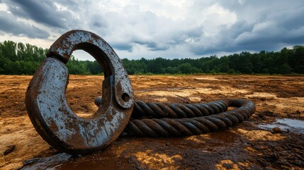 Fototapeta premium Rusty Metal Hook and Thick Rope on Muddy Ground Under Dramatic Sky