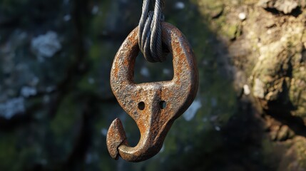 Obraz premium Rusty Metal Hook Hanging from Strong Cable Against Natural Background