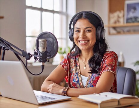 Smiling young latin woman recording podcast