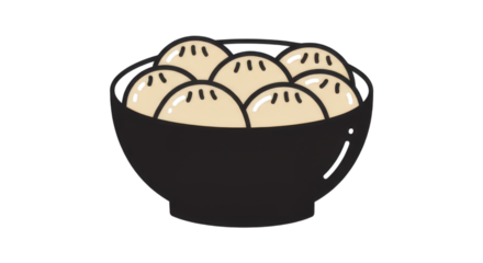 A bowl full of steamed dumplings with black bowl on a black background in cartoon style image